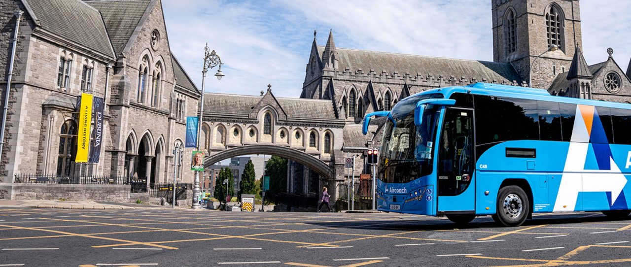 Aircoach bus in the centre of Dublin Christ Church 